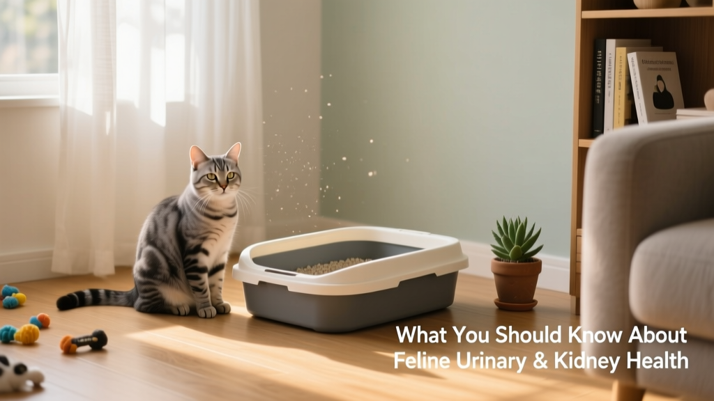 A calm indoor cat sitting beside a clean, uncovered litter box in a quiet corner of a sunlit room