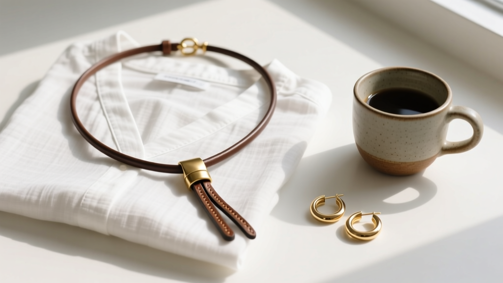 Flat lay of a leather cord bolo necklace paired with a crisp white V-neck linen shirt, minimalist gold hoops, and a ceramic cup.