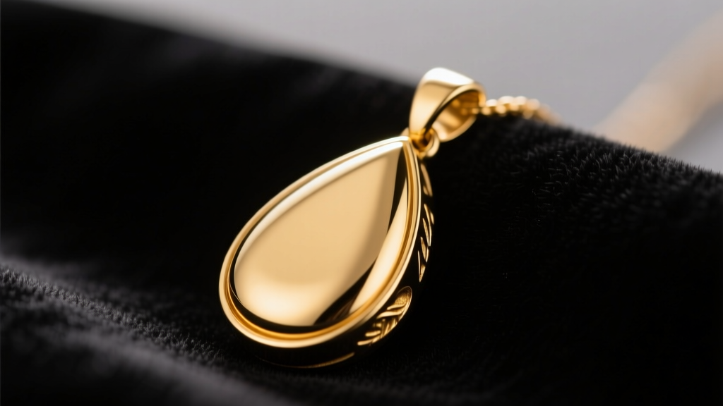 Close-up of a polished 14k gold teardrop cremation pendant resting on black velvet, illuminated by warm, gentle studio lighting.