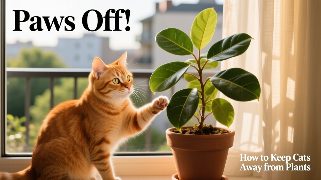A curious cat sitting beside a potted houseplant on a windowsill.