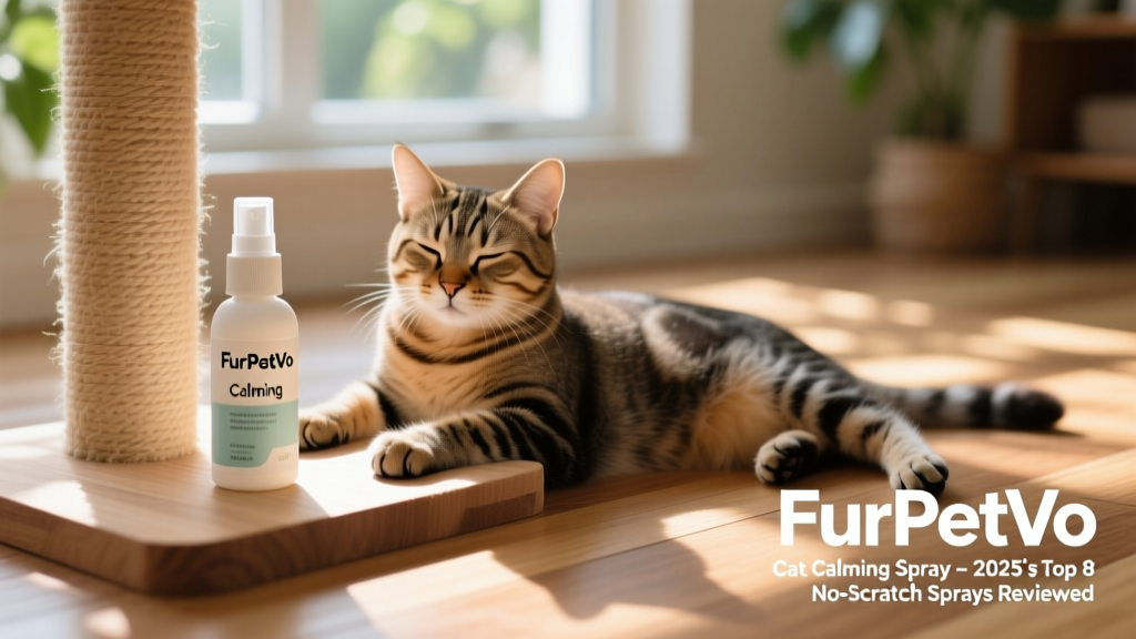 Bottle of FurPetVo Cat Calming Spray next to a cozy scratching post and a relaxed cat sitting nearby