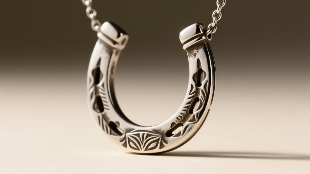 Macro shot of a sterling silver horseshoe necklace showing slight oxidation in engraved crevices, highlighting an antique finish.
