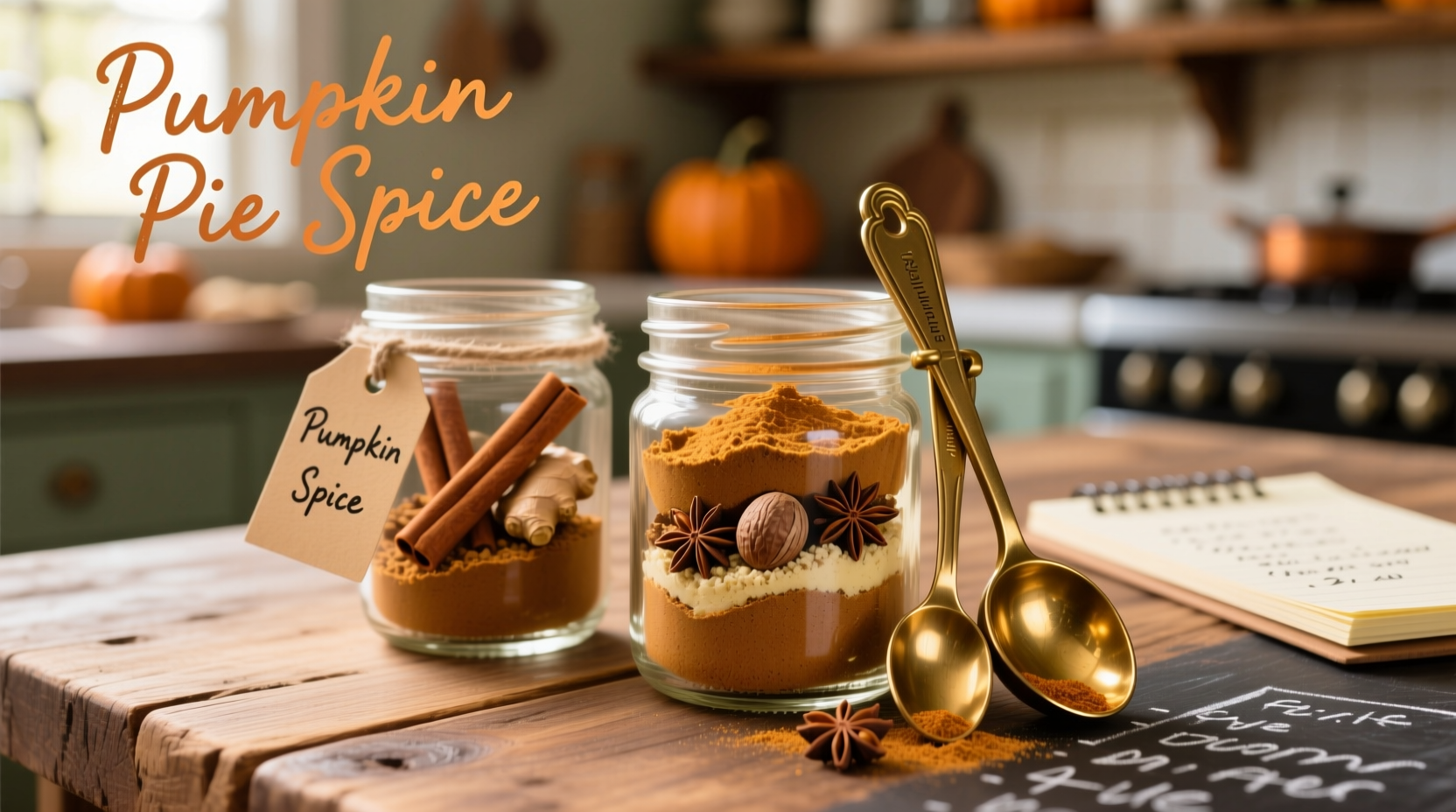 Homemade pumpkin pie spice in glass jars with measuring spoons