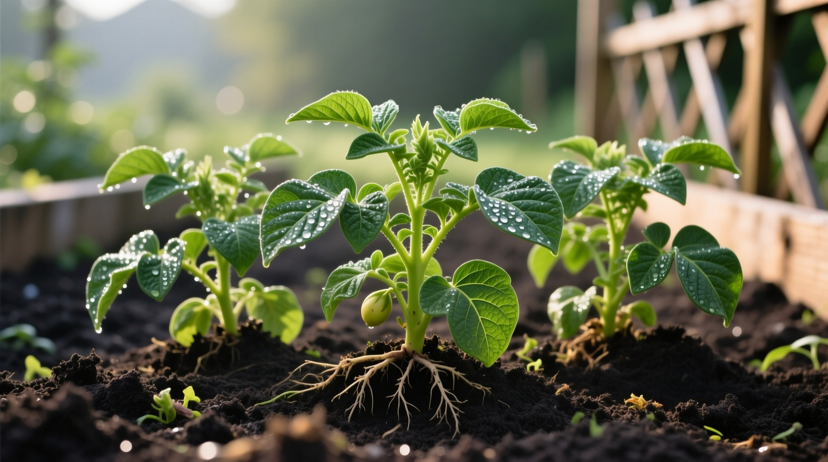 Healthy potato plants growing in garden soil