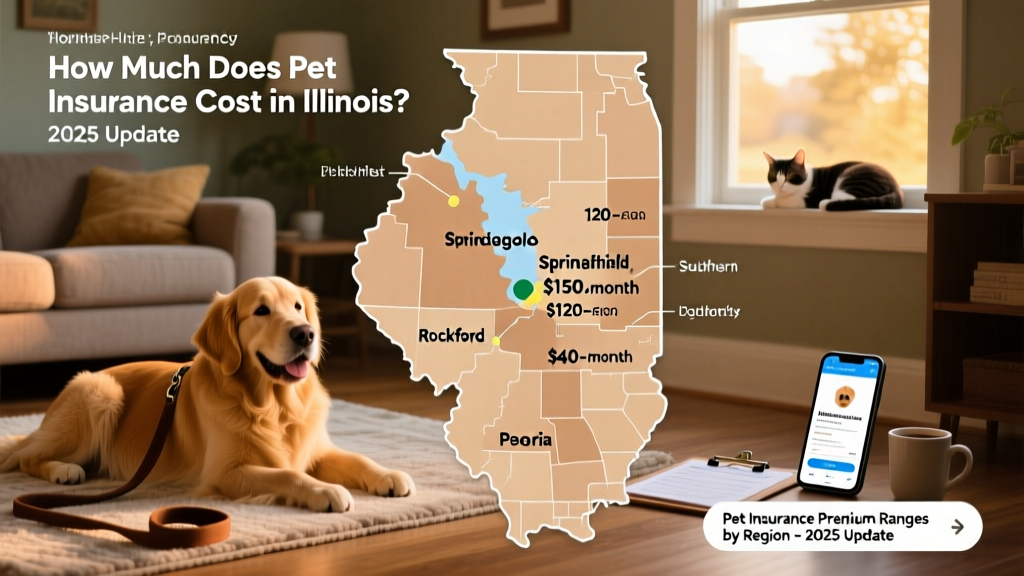 An Illinois map highlighting major cities with comparative pet insurance premium ranges, showing Chicago as highest and southern rural counties as lowest