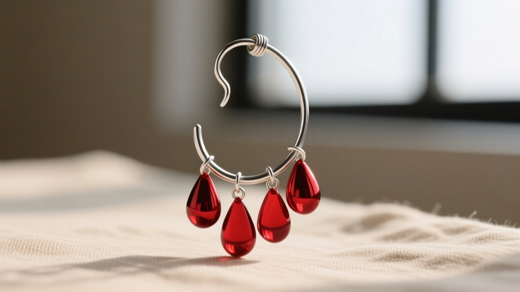 Close-up of a mixed-media earring with lightweight crimson aluminum drops suspended from a thick 925 sterling silver fishhook wire