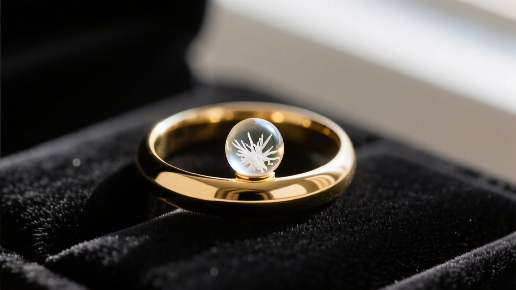 Elegant macro shot of a gold memorial ring with a glass bead containing white cremation ashes, resting on dark velvet fabric.