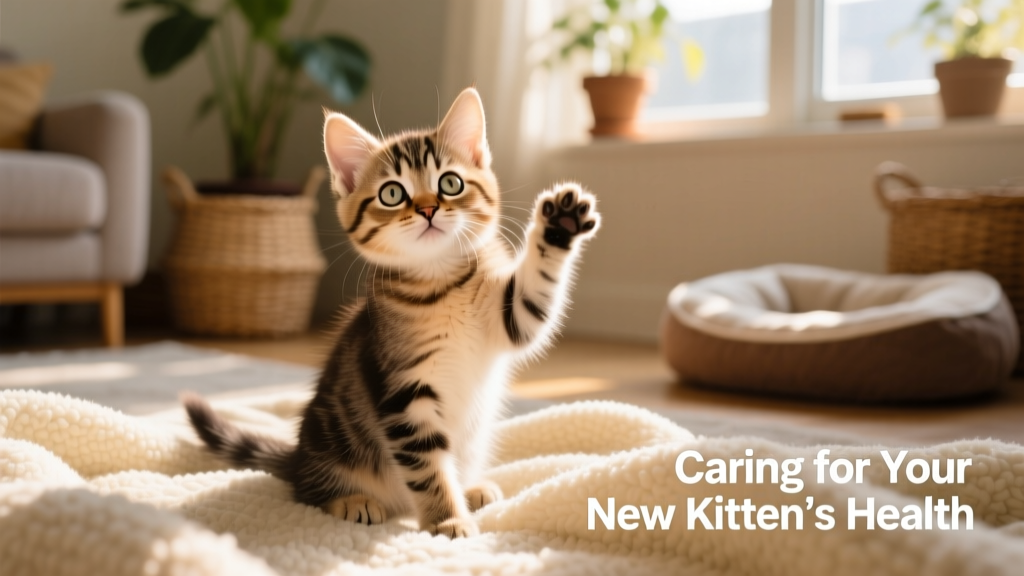 A healthy, curious 8-week-old kitten sitting on a soft blanket, eyes bright and coat glossy