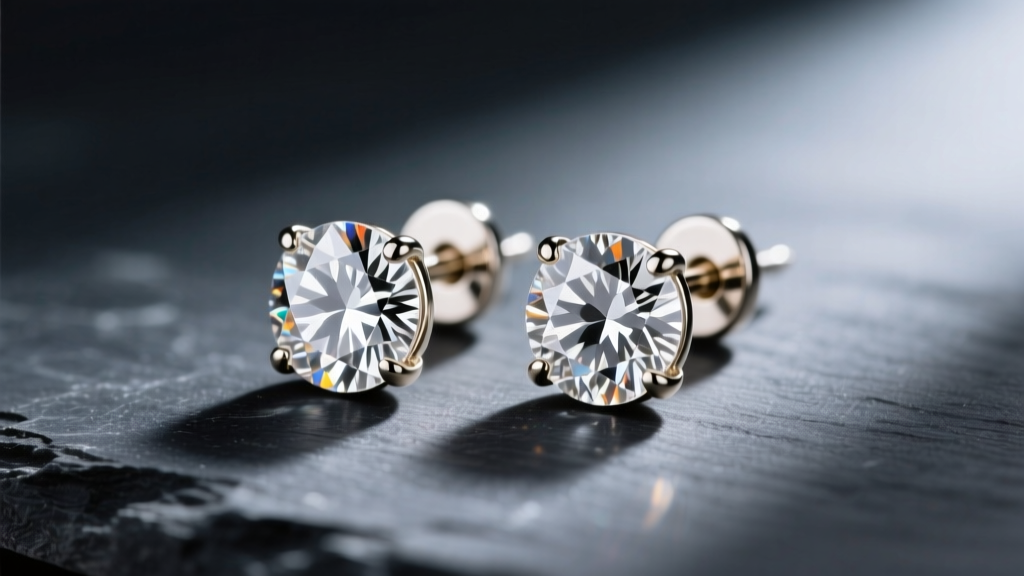 Macro shot of 5mm round brilliant lab diamond stud earrings in 14k white gold with screw backings on dark slate.