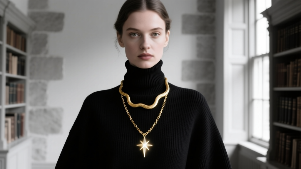 A woman wearing an evenstar necklace layered with a delicate gold snake chain over a dark academia style black turtleneck sweater.