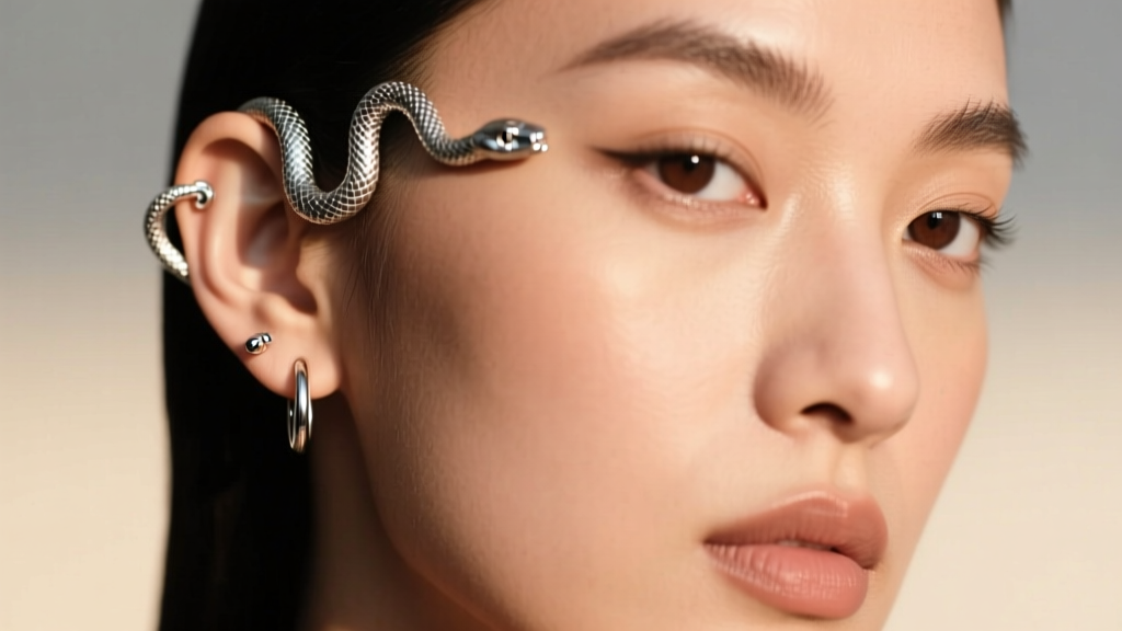 Profile of a model wearing 16-gauge sterling silver serpent cartilage hoops, snake tail wrapping around the upper helix piercing.