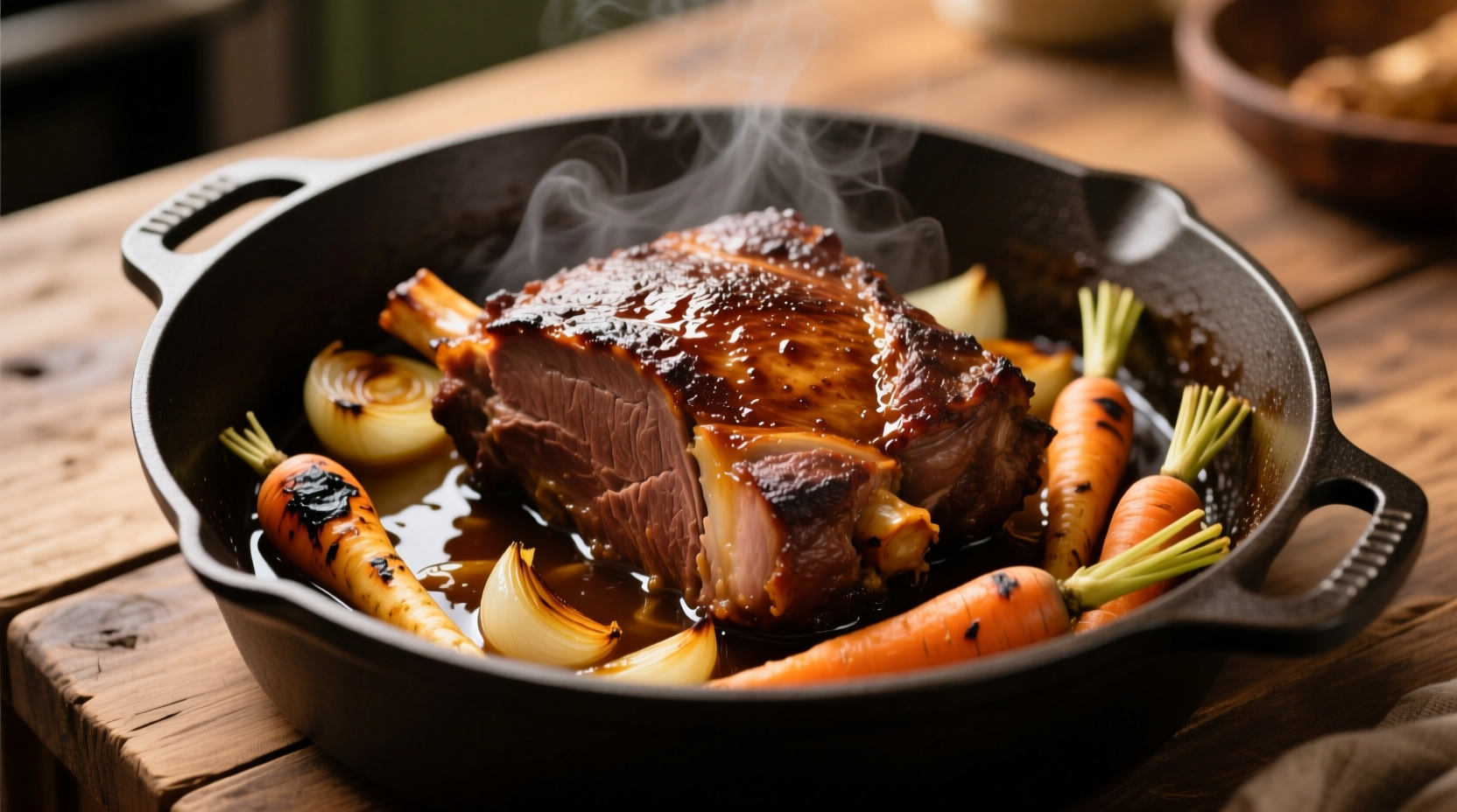 Perfectly browned chuck roast in Dutch oven with vegetables