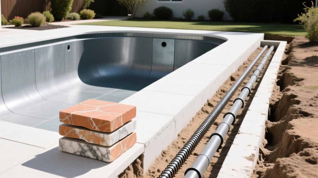 Excavated backyard showing steel-reinforced gunite pool shell, PVC plumbing trenches, and stacked travertine coping stones