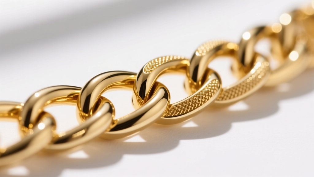 Close-up of a 14k gold filled chain link, showing the thick outer gold layer bonded to a brass core under a jeweler's macro loupe.