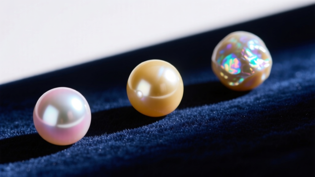 Macro shot of Akoya, South Sea, and Edison pearls on velvet highlighting differences in luster, overtone, and surface texture