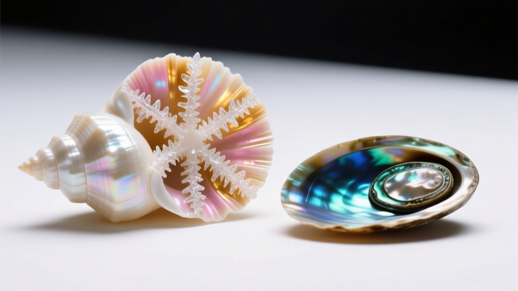 Macro shot of raw sunrise shell cross-section showing layered aragonite beside polished abalone under bright studio lighting.