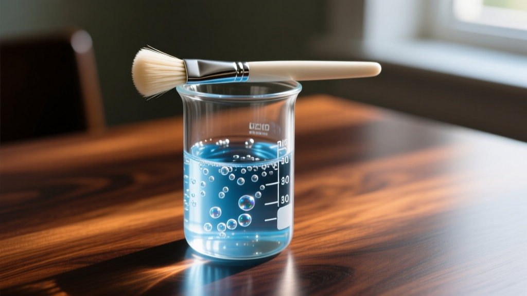 Ammonia-free liquid jewelry cleaner in a glass beaker with a soft bristle brush on a dark wood table, macro style lighting