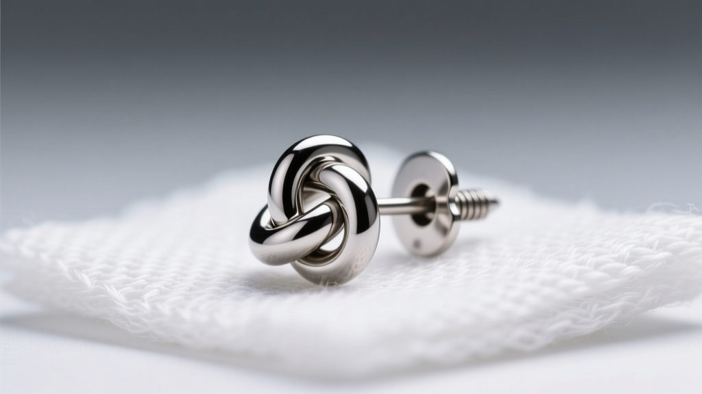 Macro shot of a 4mm titanium knot earring with screw-in threading resting on sterile gauze under bright clinical lighting