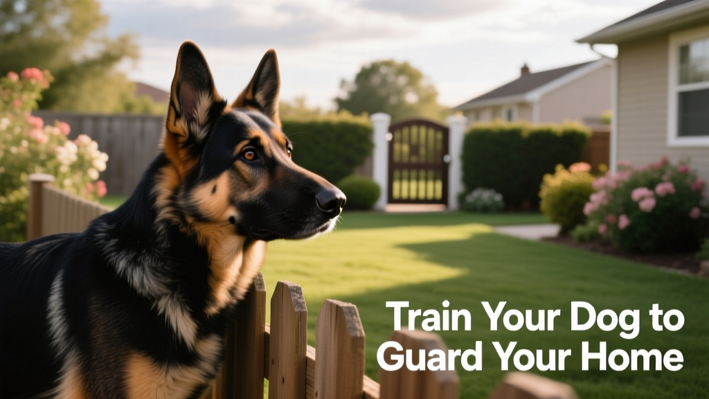 A calm, attentive dog standing alert near a backyard fence, looking toward the property boundary