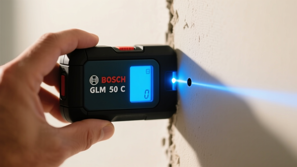 Close-up of a hand holding the Bosch GLM 50 C laser measure against a drywall corner with the digital screen glowing brightly.