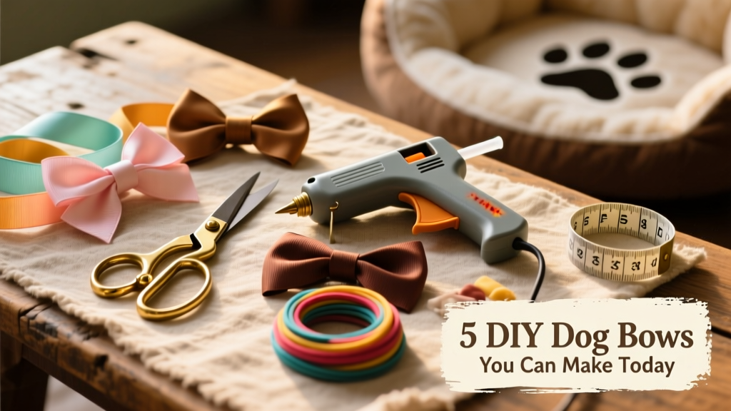 Flat lay of crafting supplies: ribbons, scissors, glue gun, elastic bands, and measuring tape