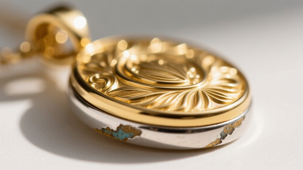 Macro shot of gold vermeil Martha Calvo pendant revealing high-relief texture and sterling silver base at a slightly worn edge.