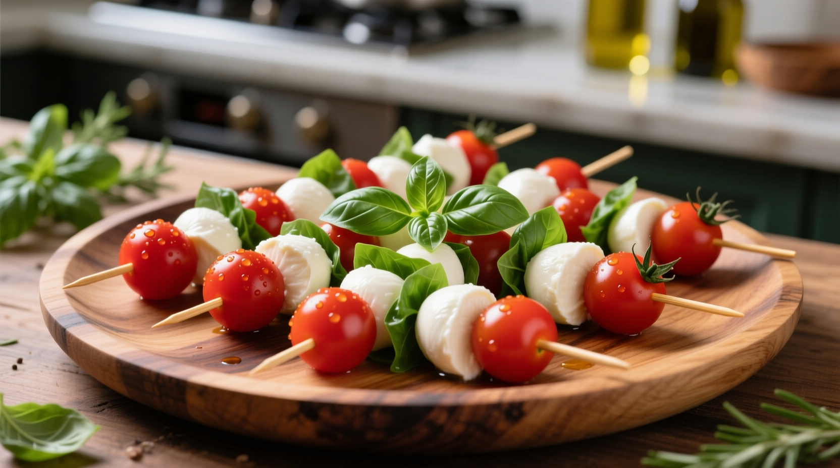 Colorful mozzarella tomato basil skewers on wooden platter