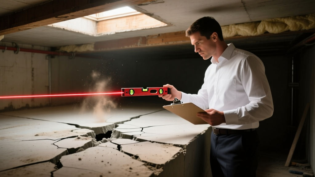 Structural engineer inspecting a cracked concrete slab foundation with a laser level and clipboard in a dimly lit residential crawl space