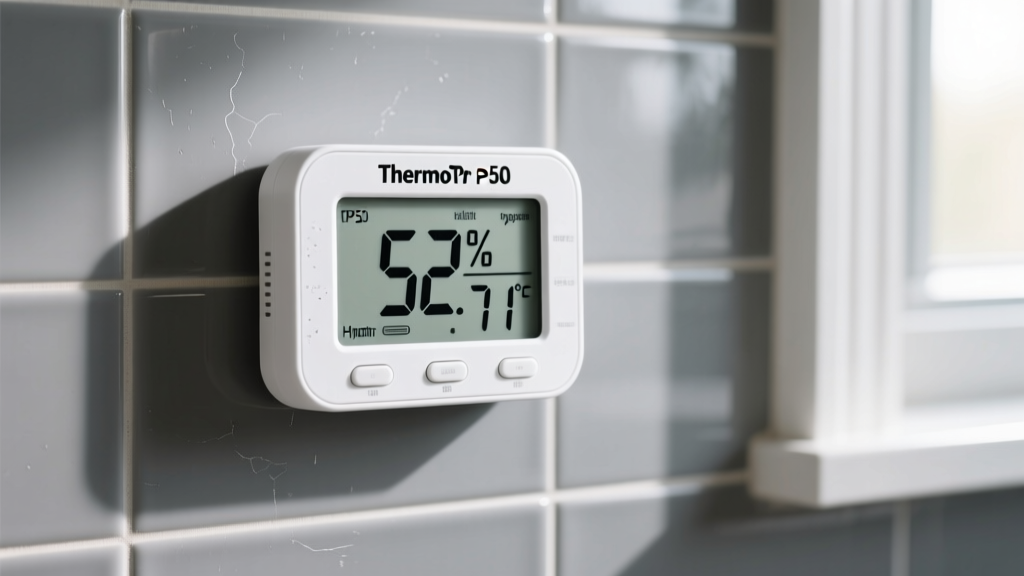 White ThermoPro TP50 digital hygrometer mounted on gray subway tiles displaying 52 percent indoor humidity and 71 degrees