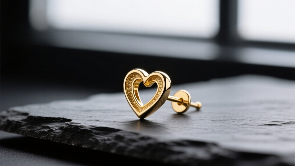 Macro shot of a delicate 14k gold vermeil heart stud earring on dark slate, highlighting the inner cleft and thin 22-gauge post