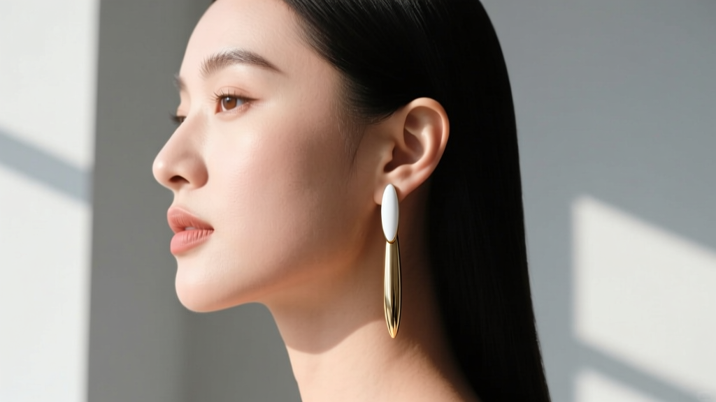 Side profile of a woman with a round face wearing a sleek white gold nail earring, showing the elongating linear drop effect.