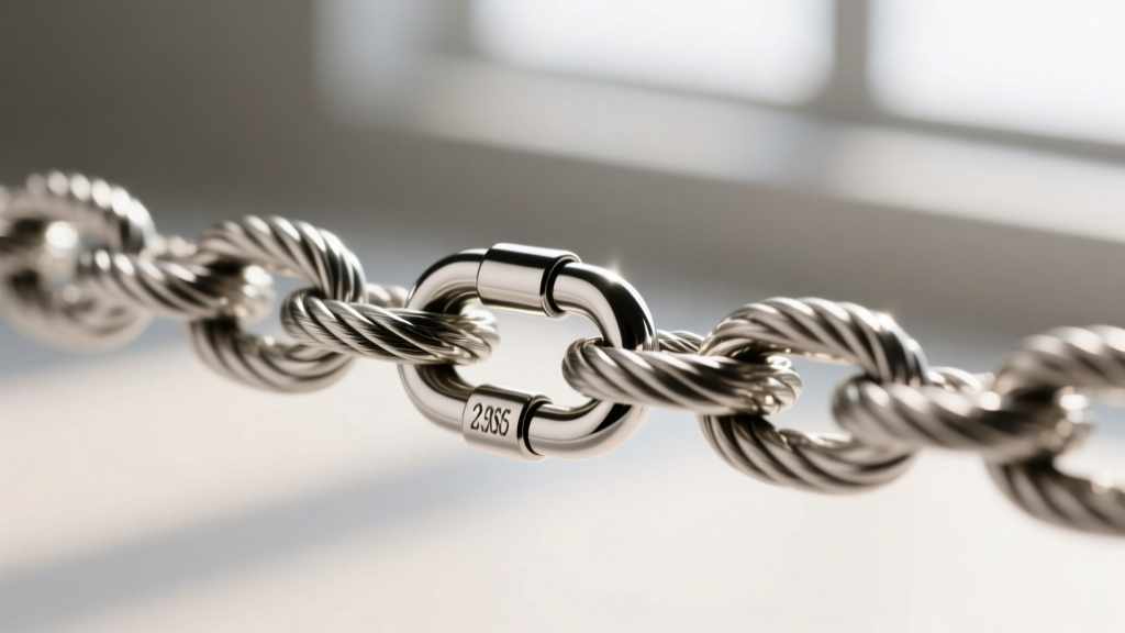 Macro photography of a 2.5mm 316L stainless steel rope chain catching light, highlighting tight links and a secure lobster clasp.
