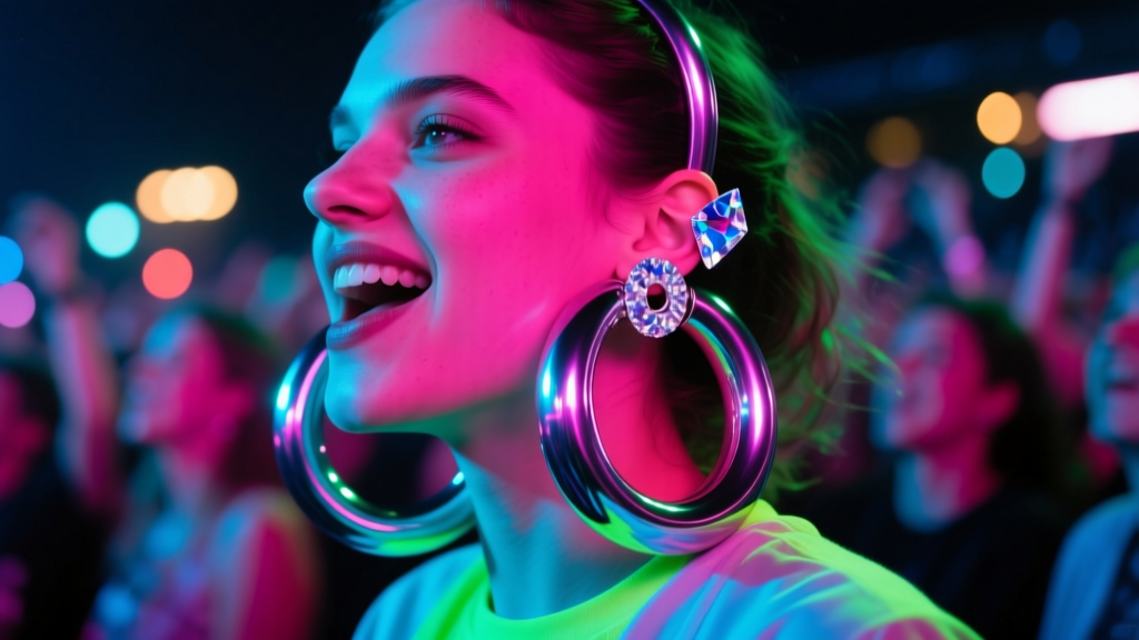 Fan at a pop concert wearing 80mm aluminum tube hoops and a crystal helix ear cuff illuminated by vibrant neon stage lighting.