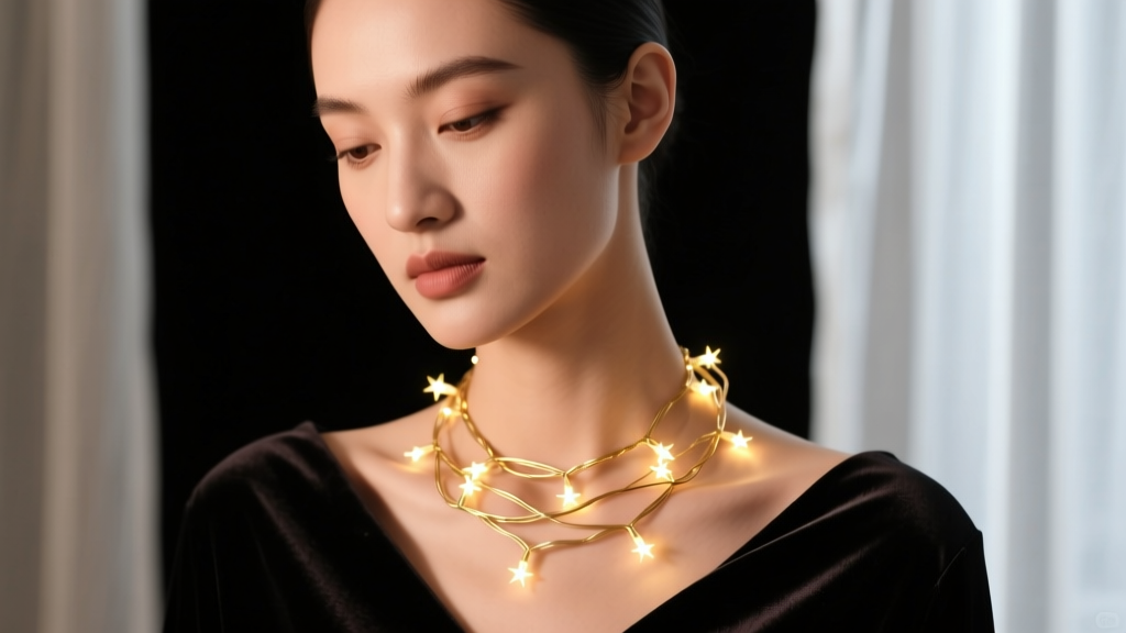 Close-up of a model wearing a delicate gold wire necklace embedded with micro LED fairy lights, glowing warmly against dark velvet