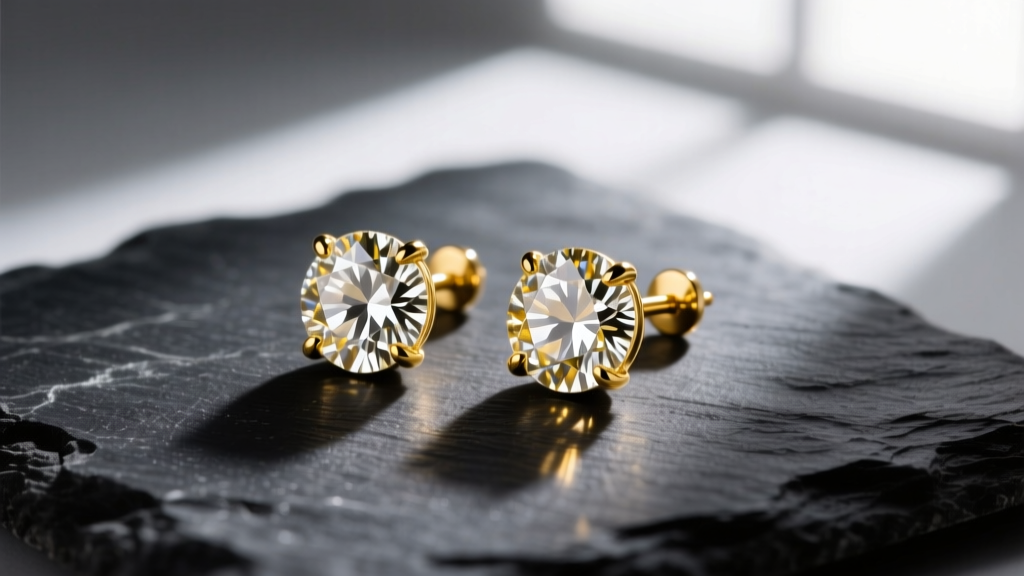 Macro shot of 14k yellow gold martini diamond studs on dark slate, soft studio lighting highlighting the brilliant facets