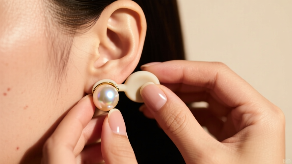 Hands securing a heavy pearl drop earring with a wide silicone clutch back on an earlobe, shown under soft warm studio lighting
