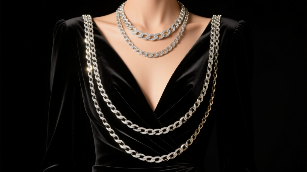 Layered 16-inch and 20-inch silver chain set on a black velvet v-neck gown, captured in dramatic and moody studio lighting