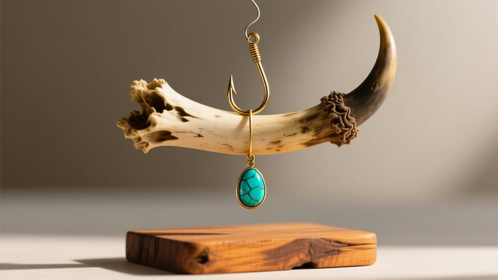 16-gauge brass fishhook wire supporting a heavy yak bone and turquoise Nepali drop earring resting on a rustic wooden display
