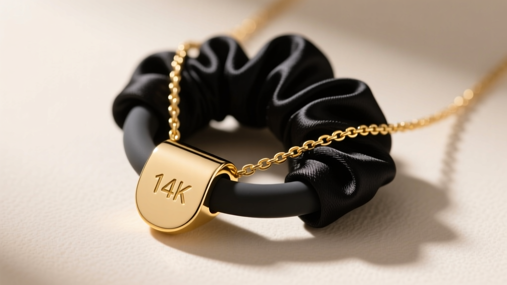 Close-up of a modern 14k gold-filled hair tie necklace featuring a silicone-lined magnetic pendant holding a black silk scrunchie.