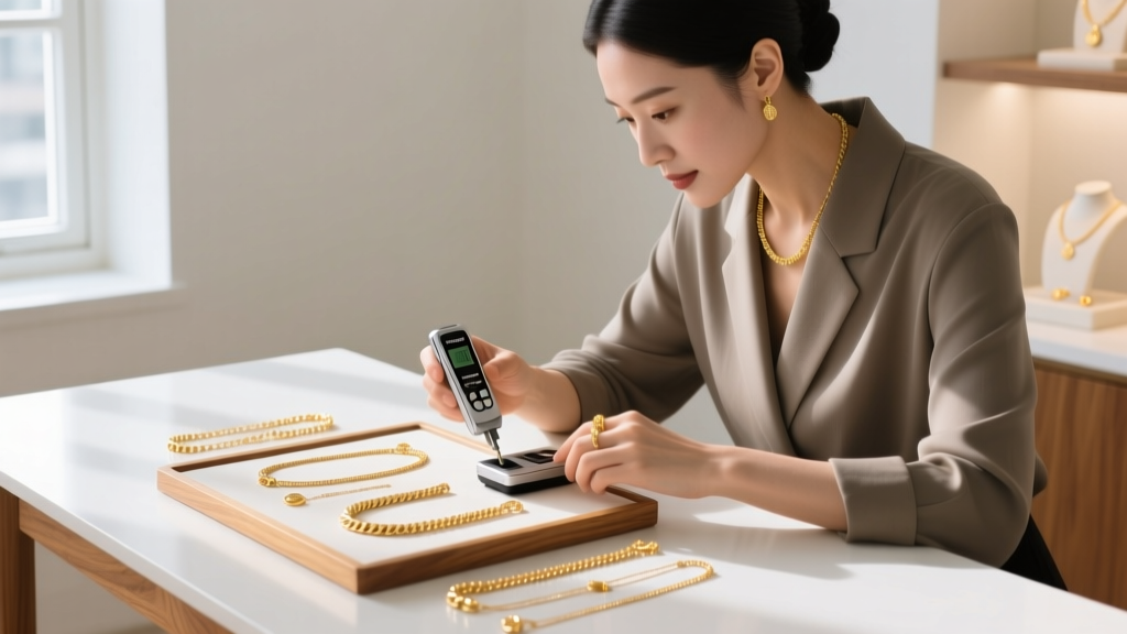 Boutique owner using an electronic gold tester on wholesale demi-fine and solid gold chains resting on a clean white wooden desk