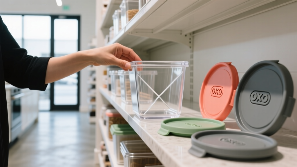 Shopper examining clear acrylic pantry storage containers and OXO POP lids in a well-lit local kitchenware boutique aisle