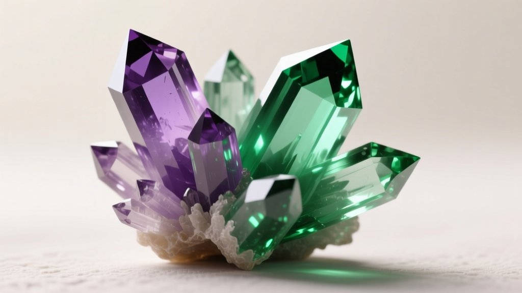Macro photo of raw amethyst crystal cluster transitioning into heat-treated green prasiolite, highlighting distinct color zoning.