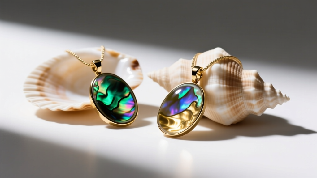 Iridescent abalone pendants beside matte puka shells, showing contrasting textures and vivid colors under bright studio lighting.