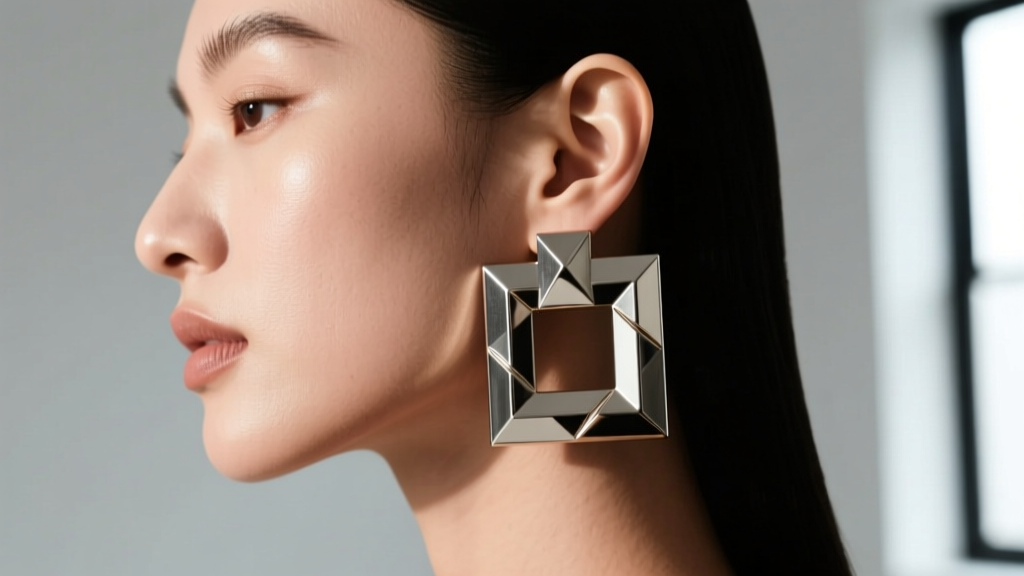 Side profile showing the center of gravity on a large square earring pulling the earlobe forward due to top-heavy weight.