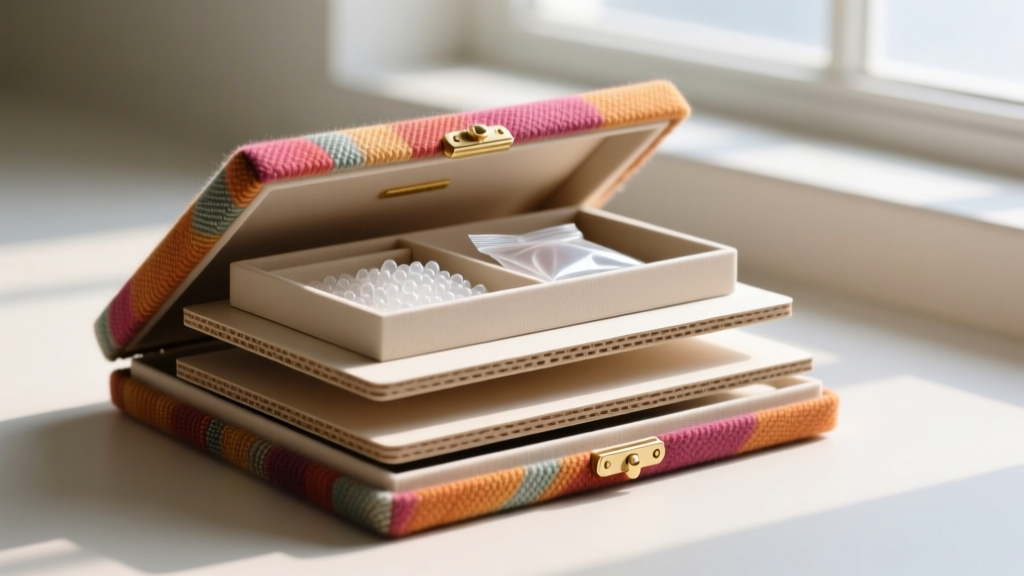 Disassembled fabric jewelry box revealing a hidden silica gel compartment and acid-free board layers beneath the inner textile