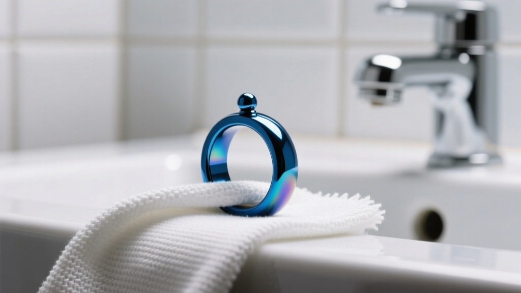 Macro shot of a blue anodized titanium septum ring wiped with a microfiber cloth under bright, clean bathroom vanity lighting.