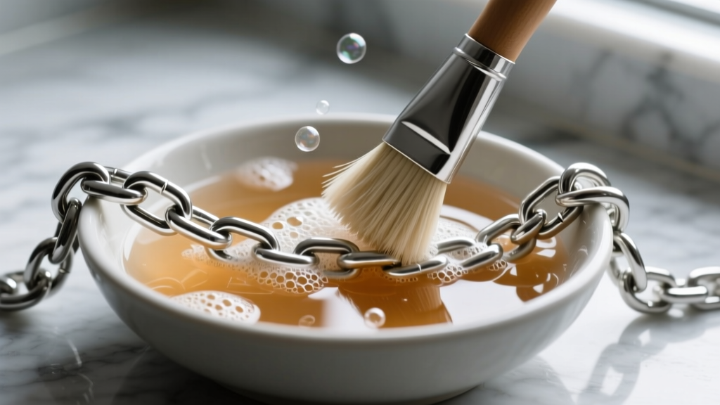 Soft-bristle brush gently scrubbing the crevices of a thick silver Cuban link chain submerged in a bowl of warm soapy water.