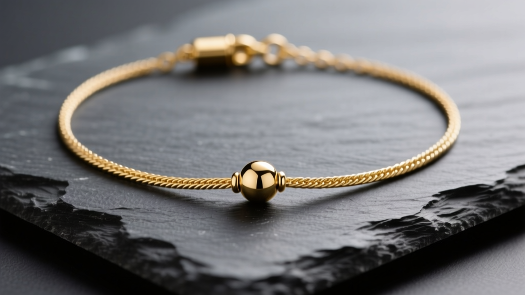 Close-up of a 14k gold filled necktie necklace on dark slate, highlighting the adjustable slider bead and delicate cable chain.