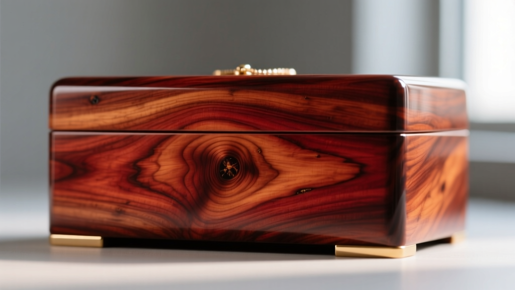 Close-up macro shot of rich mahogany wood grain on a luxury jewelry box exterior, highlighting the natural hand-rubbed oil finish.