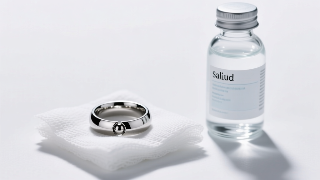 Titanium captive bead ring on sterile white gauze beside a clear bottle of saline wound wash in bright, clean clinical lighting.